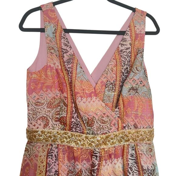 Vintage Kay Unger Silk V-Neck Paisley Print Beaded Waistband Midi Dress Size 12 - Picture 3 of 6